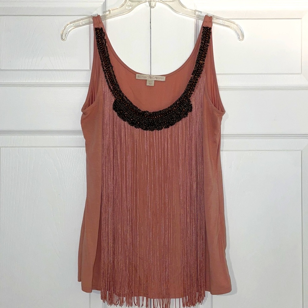Boston Proper, mauve fringed tank top with wood like beaded trim.